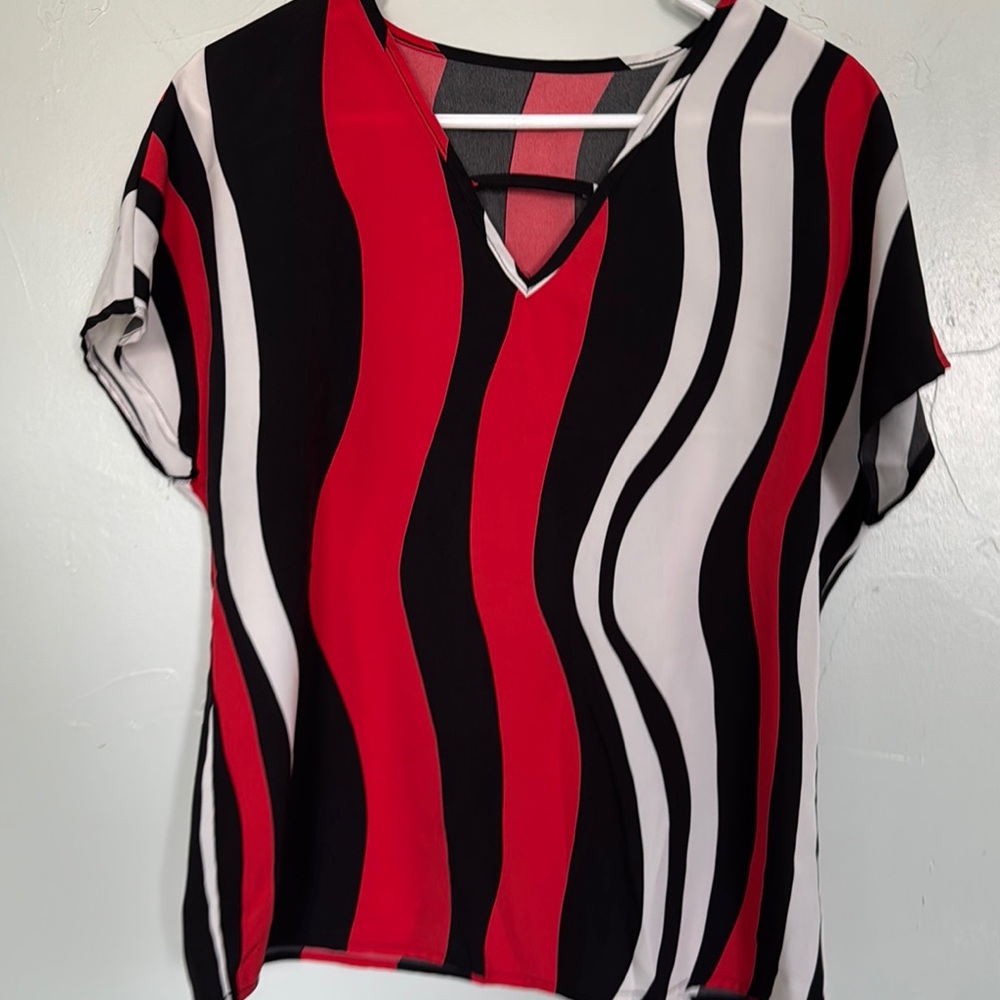 Red and Black V-Neck Blouse with Wavy Stripes